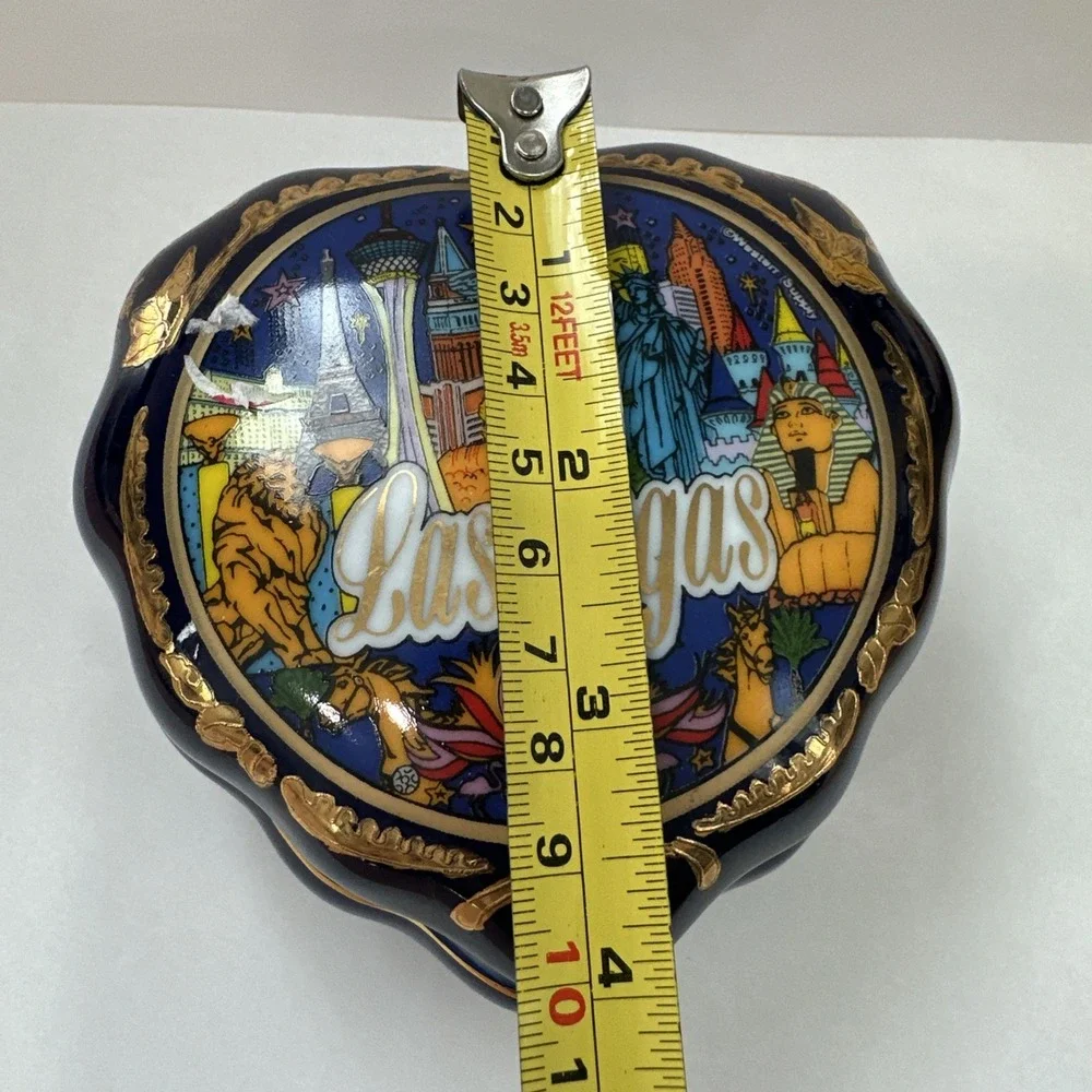 Vintage Las Vegas Ceramic Heart Trinket Box Cobalt Blue Gold Souvenir Jewelry